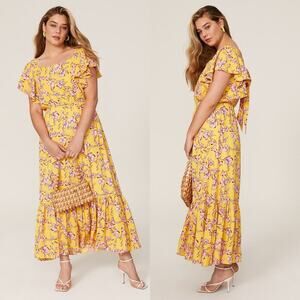 Sachin + Babi Yellow Flutter Sleeve Floral Midi Dress Bow Tie Detail Size 0 Pink